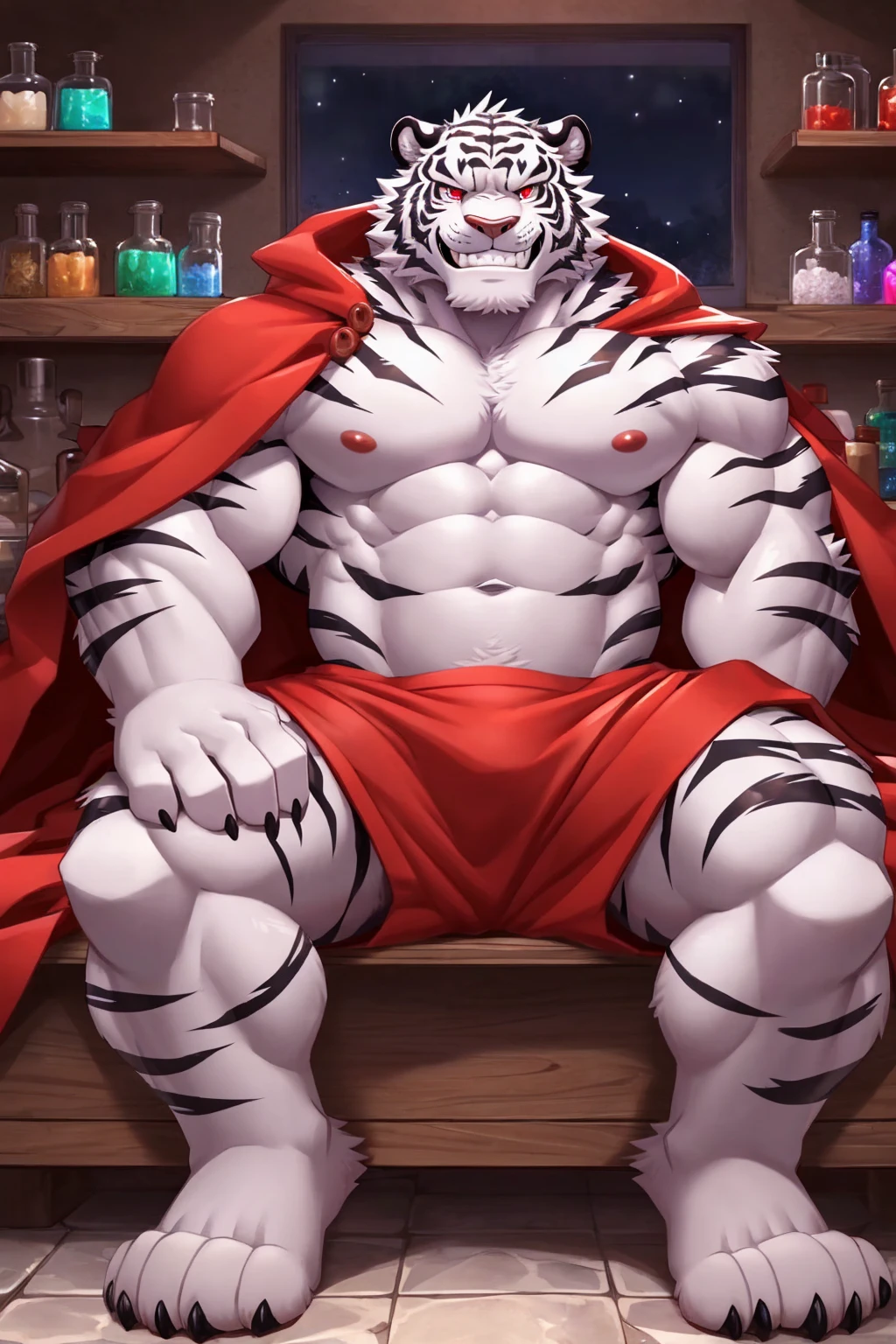 (sfw:1.5), male focus, pharmacist, Handsome 1boy, solitary，protrait photo，single, (Black nails, Black claws, White feet, White feet底板:1.4), White hair, White skin, (Black tiger stripe:1.5), (Black tiger stripes on arms, Black tiger stripes on legs, Black stripes on arms, Black stripes on legs:1.4), (White tail:1.3), White Teeth, (White fangs, Exquisite fangs, Perfect fangs:1.5), Delicate teeth, Perfect Teeth, (Perfect red eyes:1.4), (White body:1.3), 
White Tiger, White Tiger, dragon boy, dragon body, feet, (evil eyes, big eyes, large eyes:1.4), (Chubby, The body is huge, Larger face:1.3), Human feet, (Four toes:1.4), 
(Red cloth wrapped around the crotch, Red Cape:1.4), (Topless:1.1), 
(full body:1.2), Front view, (Middle-aged men, Mature men:1.4), (Strong body, muscle,Strong male, muscle男, Bare chest muscles:1.3), Red nipples, (Abdominal muscles:1.4), belly button, (Bare legs, Strong and strong legs, Strong legs， bare arm, Thick arms:1.3), (Sitting, Sitting:1.3), (Looking at the audience, Focus, Eyes gaze:1.1), enjoy, (evil smile, evil grin, Smirk, evil smile, Evil smile:1.5), 
full background, Stone brick floors, Stone Wall, indoor, (Potion Rack, Wooden frame, Pharmacy potion bottle:1.2), night, Candle,, Dim environment,
Mysterious and romantic atmosphere, Caustic lines(refraction, polarization)Perfect anatomical structure, absurd, Detailed background, (Delicate eyes:1.3),Printing style。((artist:Takemoto Arashi))