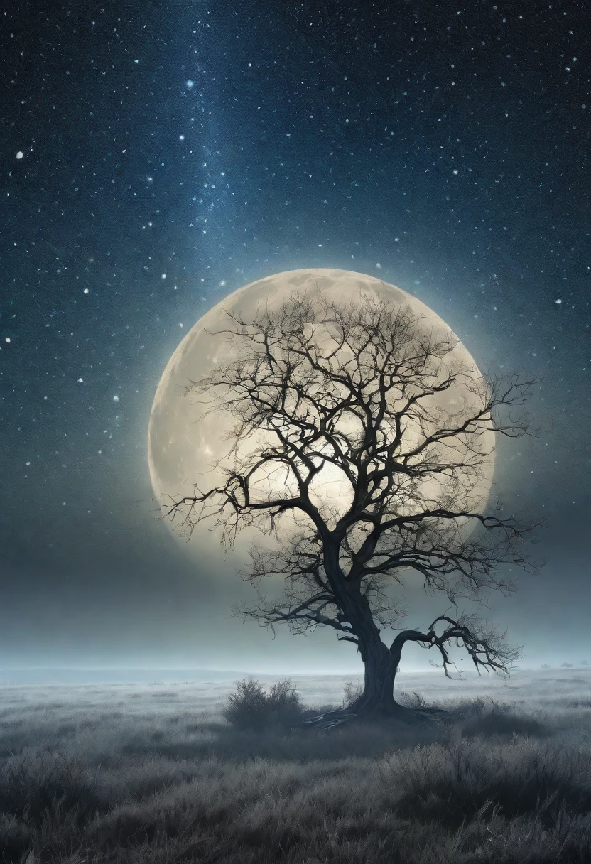 A tranquil and mysterious night scene. A bare tree stands tall in the middle of a desolate field, illuminated by the silver light of the moon. The moonlight shines brightly, highlighting the gnarled branches and casting eerie shadows on the ground. The night sky is clear with twinkling stars, creating a serene and mystical atmosphere. Surrounding the tree is a low field of grass, sparkling with dewdrops, and in the distance, faint outlines of mountains can be seen. The entire scene comes together to form a picture that is both beautiful and enigmatic, capturing the stillness and mystery of nature under the moonlight.
