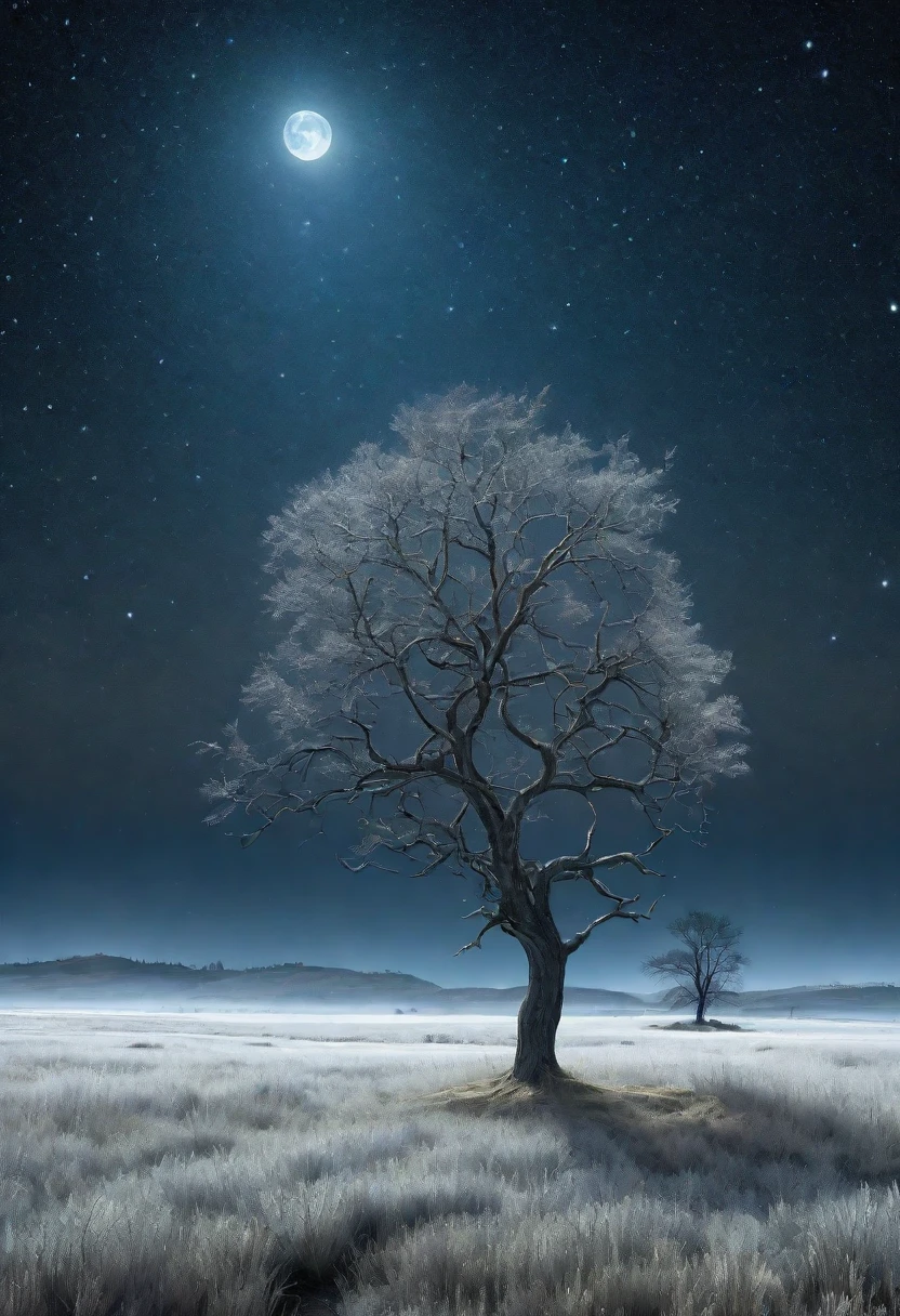 A tranquil and mysterious night scene. A bare tree stands tall in the middle of a desolate field, illuminated by the silver light of the moon. The moonlight shines brightly, highlighting the gnarled branches and casting eerie shadows on the ground. The night sky is clear with twinkling stars, creating a serene and mystical atmosphere. Surrounding the tree is a low field of grass, sparkling with dewdrops, and in the distance, faint outlines of mountains can be seen. The entire scene comes together to form a picture that is both beautiful and enigmatic, capturing the stillness and mystery of nature under the moonlight.
