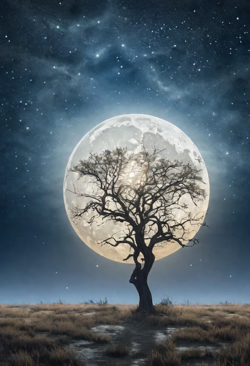 A tranquil and mysterious night scene. A bare tree stands tall in the middle of a desolate field, illuminated by the silver light of the moon. The moonlight shines brightly, highlighting the gnarled branches and casting eerie shadows on the ground. The night sky is clear with twinkling stars, creating a serene and mystical atmosphere. Surrounding the tree is a low field of grass, sparkling with dewdrops, and in the distance, faint outlines of mountains can be seen. The entire scene comes together to form a picture that is both beautiful and enigmatic, capturing the stillness and mystery of nature under the moonlight.