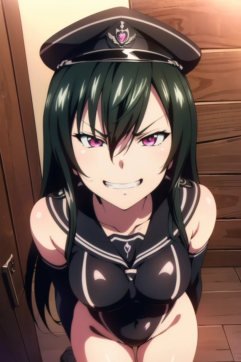 teenage girl, 16 years old, (((grinning lasciviously))), seductive anime girl, (((nefarious smirk))), [[[[grinning evily]]]], beautiful, masterpiece, ultra detailed, extremely detailed, ultra high res, 8k, beautiful detailed face, anime screencap, heart shaped face woman, (black hair:1.2), long hair, hair between eyes, large breasts, fearless face, sharp face, slant eyes, cat eyes, 170cm tall, adult, perfect proportion, (((black high-leg leotard))), (((dare shoulder))), cleavage, (((thigh boots))), choker, (((military cap))), anime style, ultra detailed beautiful face and eyes, front view, raw phot, incredibly absurdres, Beautiful portrait of cute anime girls, super fine illustration, full-hd, hdr, best aesthetic, distinct, exquisite, masterwork, by famous artist, highers, (((perfect ???????))), mocking, (((rape face))), (((evil grin))), intense eyes, sadistic, gleaming skin, oil skin, slut face, full-face blush, smirking, mischievous grin, furrowed mouth, both legs, pouty lips, downturned corners, rosy hue, grin widely, cheeky smirk, (((bad-tempered glare))), gloating, crazy smile, scary face, cruel smile, fang, connected teeth,, (((elbow gloves))), (((big connected teeth)), glare, grimace, smirk, (((scowling face))), smile broadly, symmetrical eyes, even eyes, perfect eyes, (((squinting eyes))), deep detailed eyes, shiny clothes, 1girl, solo, smug, smile grimly, (((dimpled smile))), pink eyes, (((upper body shot))), (((laugh))), (((pleasure face))), (((brutality face))), (((scary face))), (((empty eyes))), anime best girl, [[[[grinning evily]]]], anime moe artstyle, looking at viewer,　standing,　clenched teeth,　turtleneck, breast hold,　from above, leaning forward, depth of field,　shiny clothes, covered collarbone, adult face, perfect hands, perfect fingers, perfect face, cowboy shot, collarbone wear, extremely detailed  beautiful face, extremely detailed, 