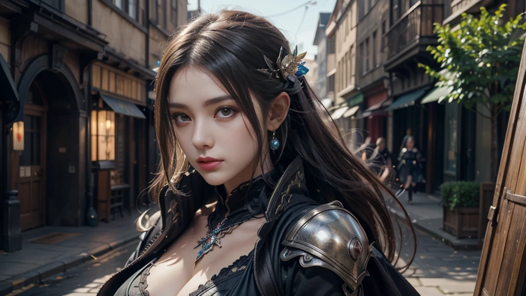Female Mage Close-up, Girl in robe, 2. 5D CGI anime fantasy artwork, Large Breasts，Epic fantasy digital art style, detailed Digital 2D fantasy art, Digital 2D fantasy art, Gorgeous female mage,Looking at the camera，（glowing magic：1.7） Role Playing Game Character Art, Beautiful female mage, Fantasy Character Art, Epic and beautiful character art, Beautiful female mage，（Edinburgh Street：1.8），light rain，semi-body photography，Looking at the camera