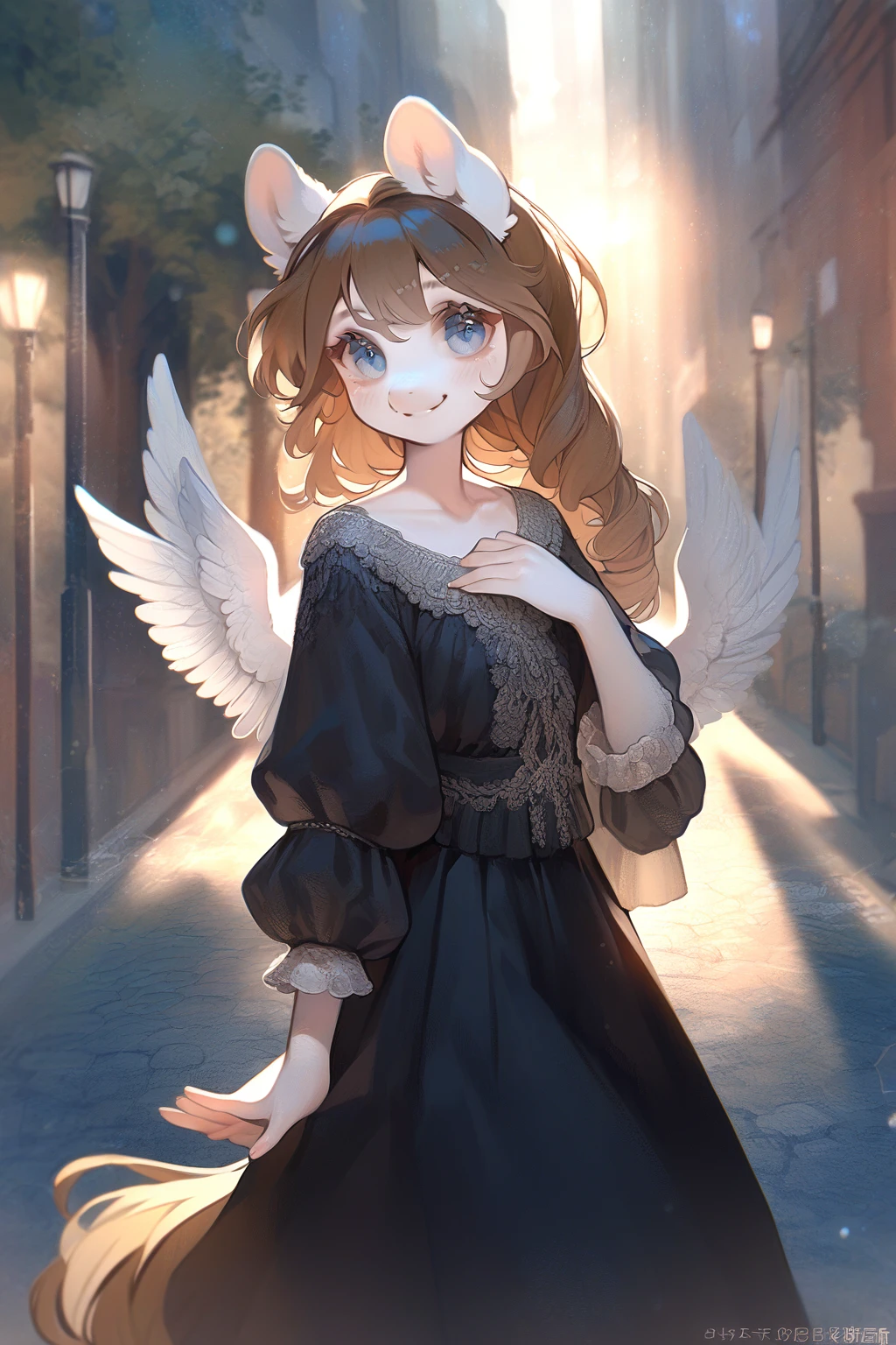 1 girl, CuteStyle, upper body, angel wings, furry, pony furry, blue eyes, white fur, brown mane, long mane, Dressed in a black dress, looks at the viewer, smile, on the street, trees, rays of the sun, detailed, beautiful, delicate tones