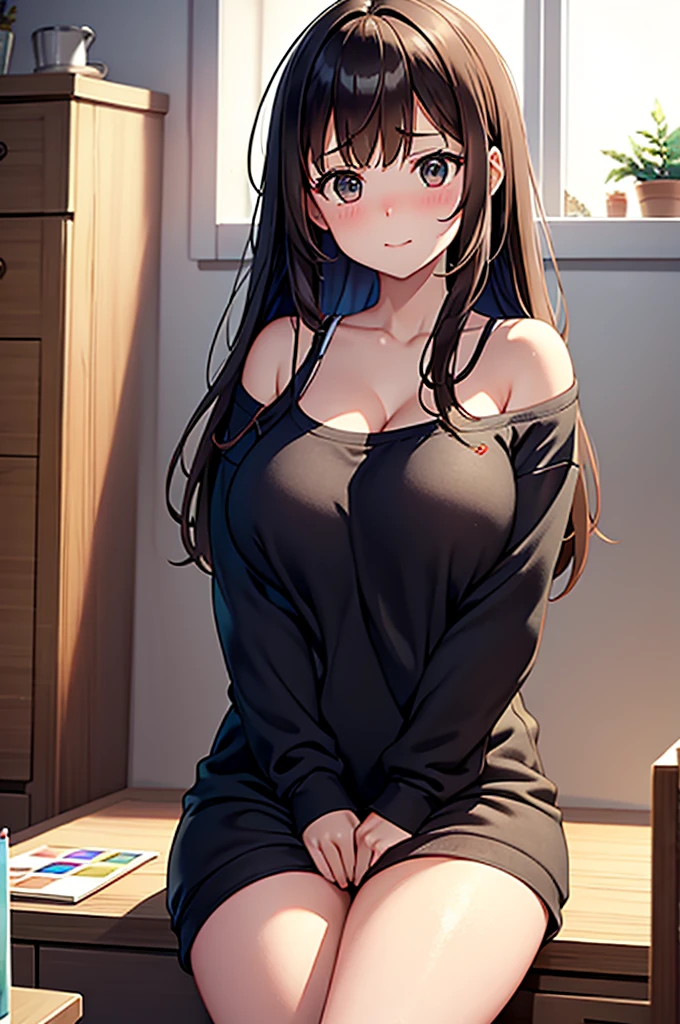 Create a detailed illustration of Emilia, a shy and chubby online artist, in her messy but cozy apartment. She is depicted as a voluptuous young woman with long, dark brown hair and brown eyes, wearing a barely fitting black jumper and black sweat pants. Emilia is shown blushing faintly, her expression a mix of nervousness and curiosity as she sits amidst a collection of anime figurines and art supplies. The room is dimly lit with the soft glow of candles, casting a warm light on her fair, slightly pale skin and accentuating the curves of her body. Show her with a shy but endearing smile, a hint of vulnerability in her gaze as she hesitantly reaches out towards the viewer, inviting them into her world of art and solitude