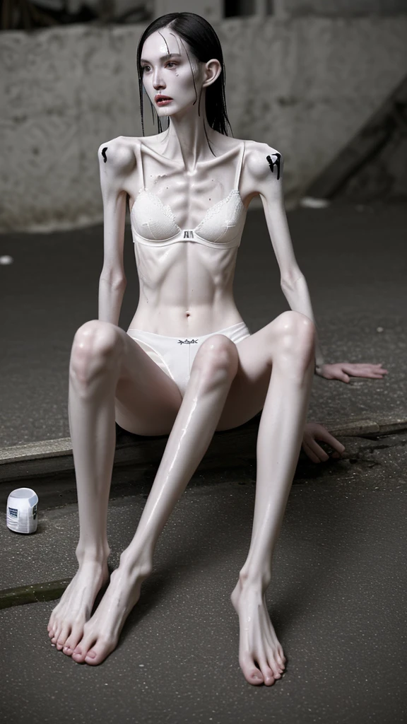 a woman, very thin body, body visible bones, very slender, sweaty wet body, pale white skin, panties, bra,tatto, full body, has a mental breakdown in underground prison , sit barefoot