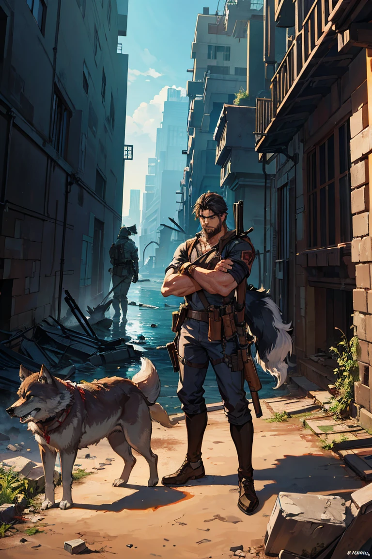 Submersion, ruins, Super high quality, 8K, Man walking with wolves, ((Man carrying a rifle)), crossed arms, The big wolf is beside him, big wolf