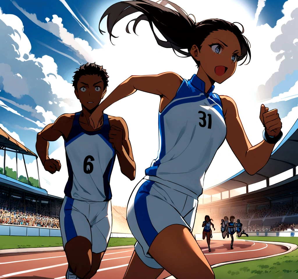 A dark-haired, fair-skinned female athlete is running on the track,A tense race,The following runners also catch up,Midsummer Day,There are cumulonimbus clouds,A scene that radiates the tension and excitement of a high-level competition in the world of athletics,Wearing a competition uniform and bib number,Capture a decisive moment from in front of the goal,White funiform and navy blue shorts,A large audience also watches,