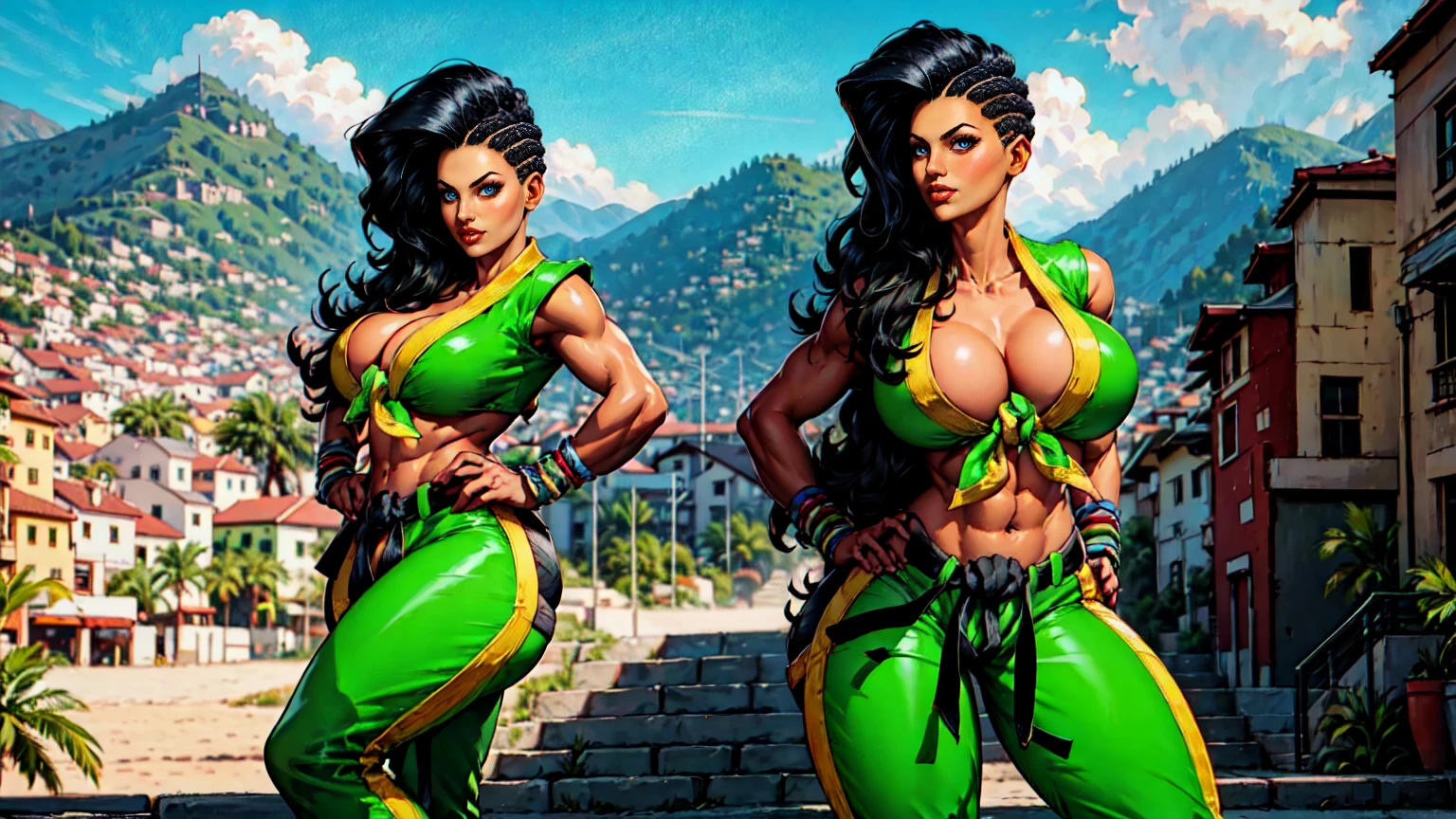 laura_matsuda_aiwaifu,dark_skin,dark-skinned,green Latex female,pants,green_bikini,green_pants,wavy, big breasts,collarbone,long_hair,black_hair,brown_eyes,cleavage,asymmetrical_hair,front-tie_top,large_breasts,navel,bracelet,midriff,lips,makeup,jewelry,lipstick,wristband,front-tie_bikini,belt,abs,crop_top,tied_shirt,toeless_legwear,bangle,thighs,swimsuit,stirrup_legwear,thick_thighs,bare_shoulders,covered_nipples,shirt,electricity,muscular,xstandign in the Bar