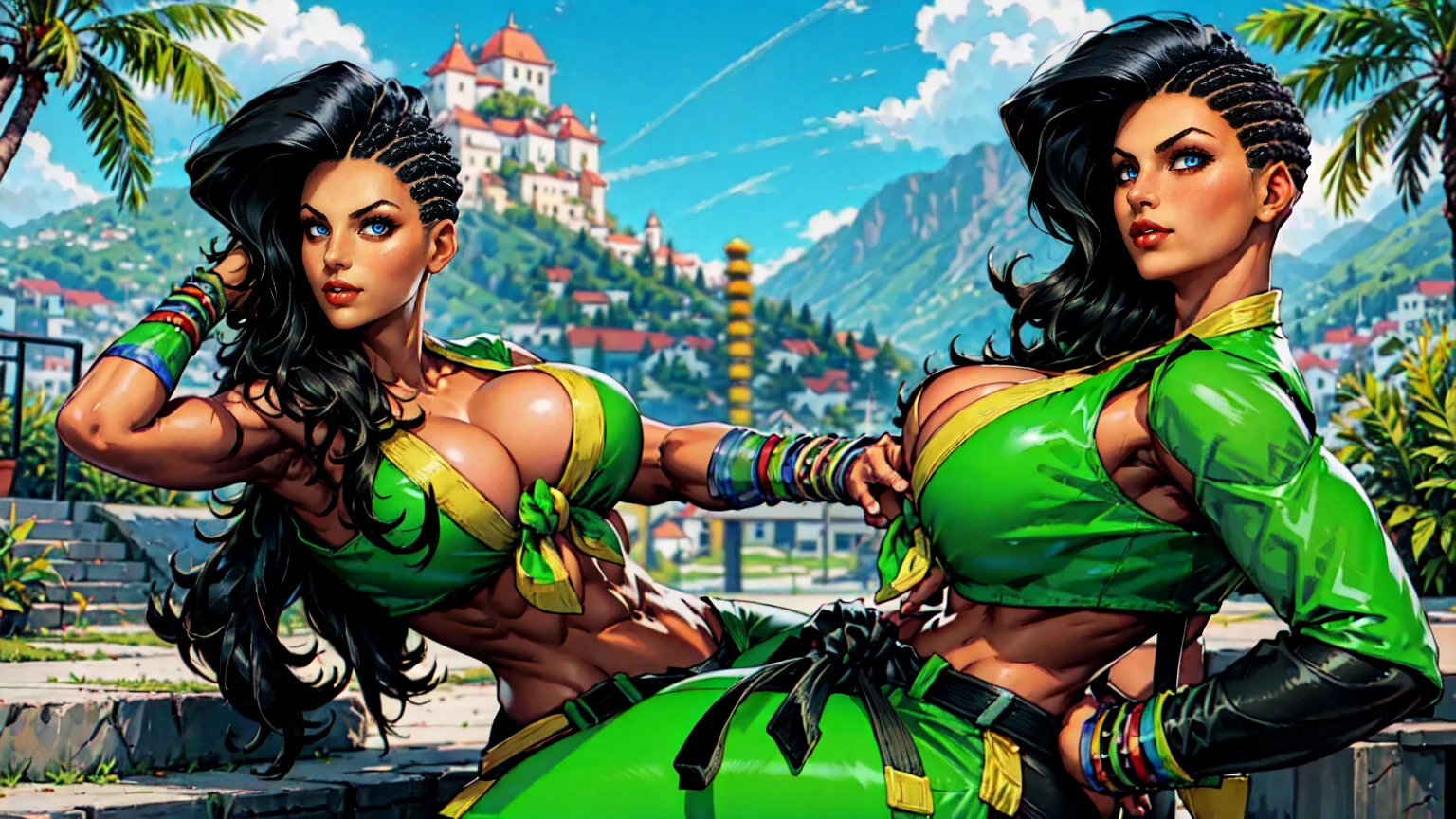 laura_matsuda_aiwaifu,dark_skin,dark-skinned,green Latex female,pants,green_bikini,green_pants,wavy, big breasts,collarbone,long_hair,black_hair,brown_eyes,cleavage,asymmetrical_hair,front-tie_top,large_breasts,navel,bracelet,midriff,lips,makeup,jewelry,lipstick,wristband,front-tie_bikini,belt,abs,crop_top,tied_shirt,toeless_legwear,bangle,thighs,swimsuit,stirrup_legwear,thick_thighs,bare_shoulders,covered_nipples,shirt,electricity,muscular,xstandign in the Bar