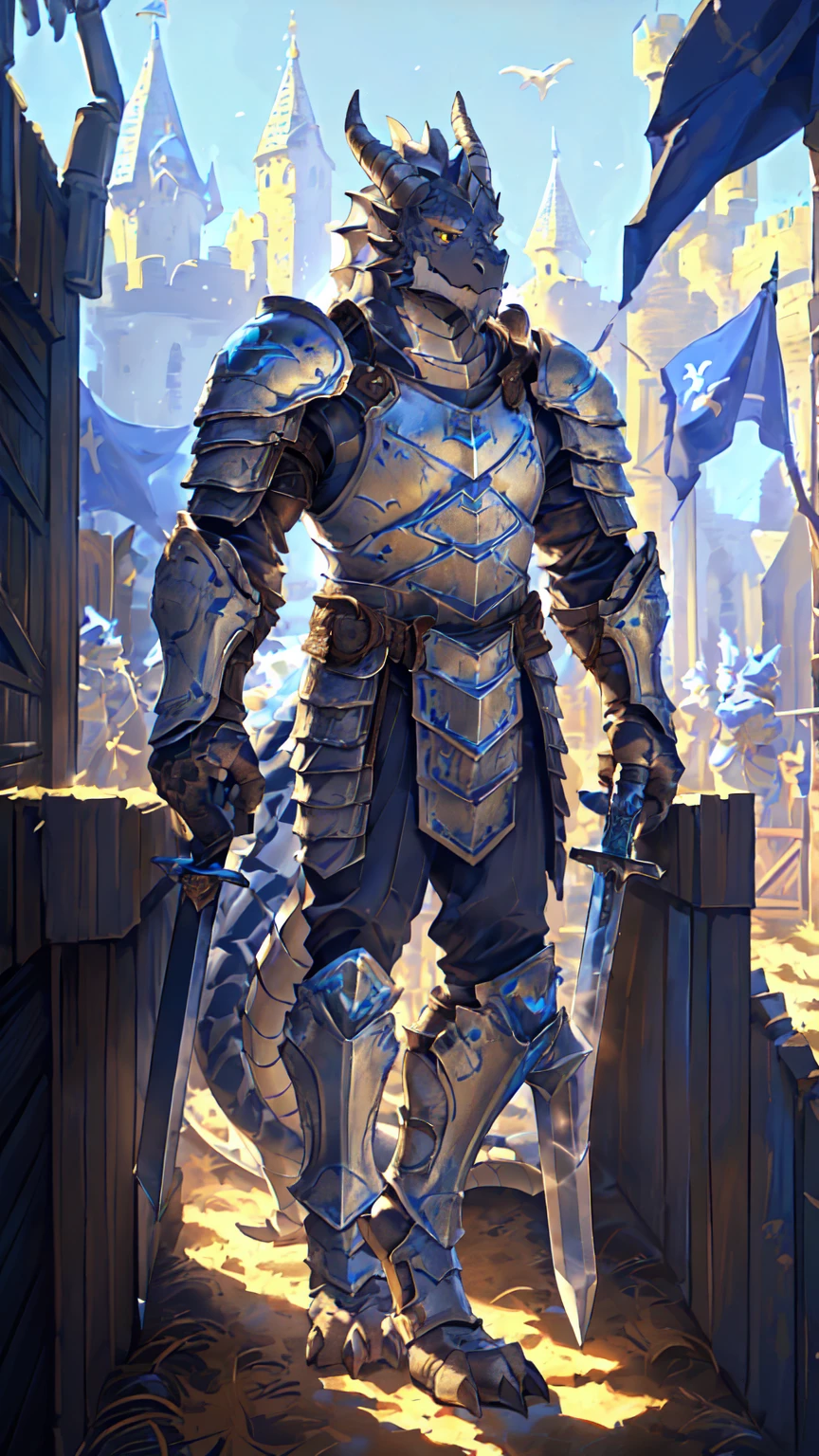 ((middle Ages:1.6，Castle Background:1.4))，((Cruz:1.6))，Sunlight，high resolution，4K，gay，(((whole body:1.1，masterpiece，high quality，Calm and composed，((dragon))，male，dragonFurry，(teenager:1.3)，hairy，((stable，Handsome face:1.4))，((peaceful))，((Holding a long sword:1.2))，(((Strong:1.4，Long legs:1.3，Thick dragon tail:1.2)))，(((Gray heads:1.2，Golden pupils:1.2，White Neck:1.3，Gray back of hands:1.4，White Skin:1.3)))，(((White Armor:1.3，There is a blue flag on the armor:1.4)))，Mature face，Exquisite eyes，Detailed body，Detailed hands，Detailed feet，Kenket&#39;s Art，(Strike a pose:1.3)
