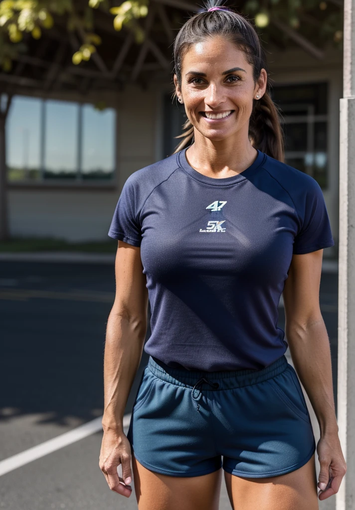 Beautiful brunette mother, 38 years old, athletic, tanned legs, wearing gym shorts and a t-shirt.  Standing outside a school. 4k. natural light. Detailed face, Wrinkles around the eyes. Ponytail.