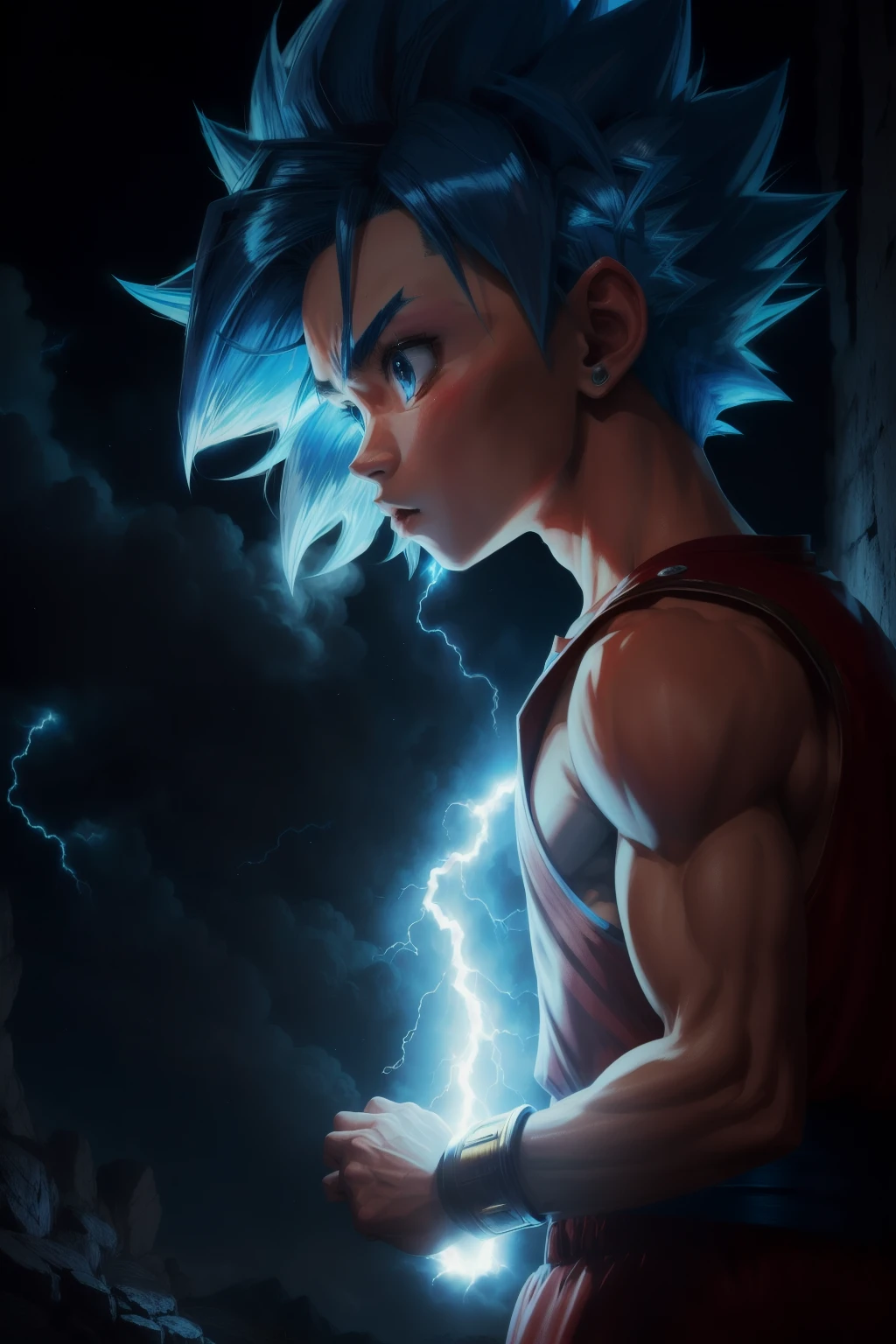 Masterpiece, best quality, Kuririn Super Saiyan Blue, Blue Hair, Blue Lightning pointed a finger at himself.