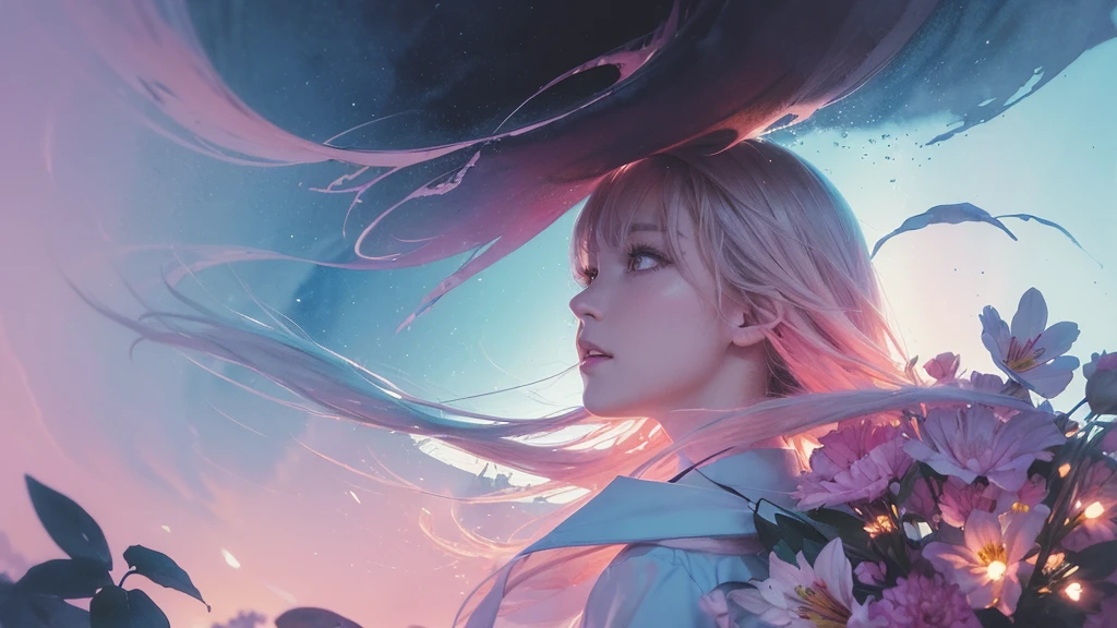 32k, Masterpiece, Highest quality, One girl, Detailed eyes, flower,Alstroemeria, Pink and light blue style,A dreamy, romantic piece,Pale yellow, Mysterious Leaves,A playful arrangement,Fantasy,High Contrast,Ink strokes,explosion,Exposure, Impression of pink and light blue tones,Abstract,((Watercolours by John Berkey and Jeremy Mann )) Brush strokes,Negative Space, Tyndall effect,