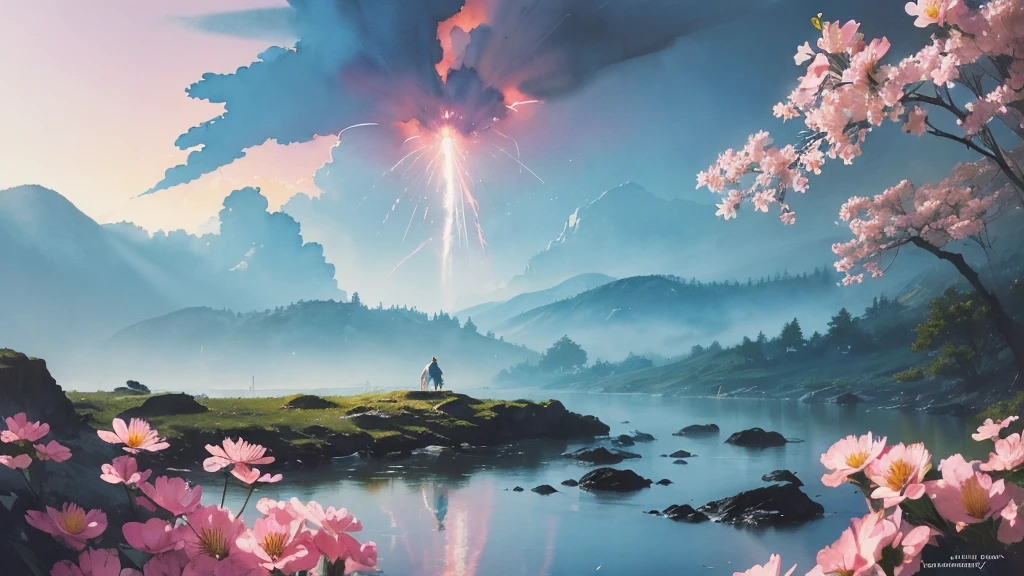32k, Masterpiece, Highest quality, One girl, Detailed eyes, flower,Alstroemeria, Pink and light blue style,A dreamy, romantic piece,Pale yellow, Mysterious Leaves,A playful arrangement,Fantasy,High Contrast,Ink strokes,explosion,Exposure, Impression of pink and light blue tones,Abstract,((Watercolours by John Berkey and Jeremy Mann )) Brush strokes,Negative Space, Tyndall effect,
