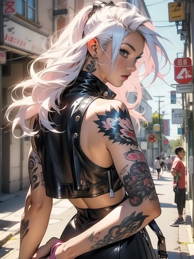 nijistyle, A 35-year-old muscular warrior woman almost naked in Simon Bisley style , tattoo covering the whole arm, half black half white hair, Minimum clothing, short clothing, ((best qualityer)), ((Masterpiece artwork)), (detailded: 1.4), (absurdrez), (top-quality、8K、32k、masterpiece、nffsw:1.3)、(photorrealistic:1.4),18 year old punk girl,turned around、Crazy punk hair,Moda punk radical,of Tampa、leather vest、A pink-haired,Crazy makeup、Many tattoos、street Background、lensflare、depth of fields,blurry backround,,,,,,,,,,,,