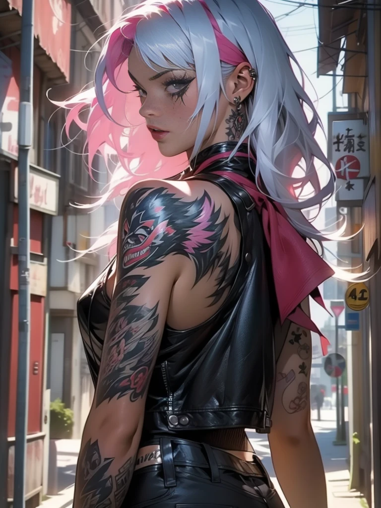 nijistyle, A 35-year-old muscular warrior woman almost naked in Simon Bisley style , tattoo covering the whole arm, half black half white hair, Minimum clothing, short clothing, ((best qualityer)), ((Masterpiece artwork)), (detailded: 1.4), (absurdrez), (top-quality、8K、32k、masterpiece、nffsw:1.3)、(photorrealistic:1.4),18 year old punk girl,turned around、Crazy punk hair,Moda punk radical,of Tampa、leather vest、A pink-haired,Crazy makeup、Many tattoos、street Background、lensflare、depth of fields,blurry backround,,,,,,,,,,,,