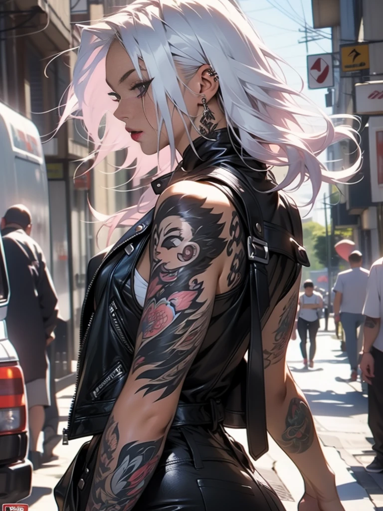 nijistyle, A 35-year-old muscular warrior woman almost naked in Simon Bisley style , tattoo covering the whole arm, half black half white hair, Minimum clothing, short clothing, ((best qualityer)), ((Masterpiece artwork)), (detailded: 1.4), (absurdrez),  (top-quality、8K、32k、​masterpiece、nffsw:1.3)、(photorrealistic:1.4),18 year old punk girl,turned around、Crazy punk hair,Moda punk radical,of Tampa、leather vest、A pink-haired,Crazy makeup、Many tattoos、street Background、lensflare、depth of fields,blurry backround,,,,,,,,,,,,