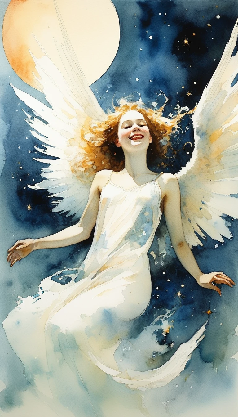 Watercolor,(Upper Body)Angel laughing, Magical fairy tale,, Deep space sky, style (Jeremy Mann, Louis Icart, Valentin Serov, makoto kobayashi, Karol Buck)