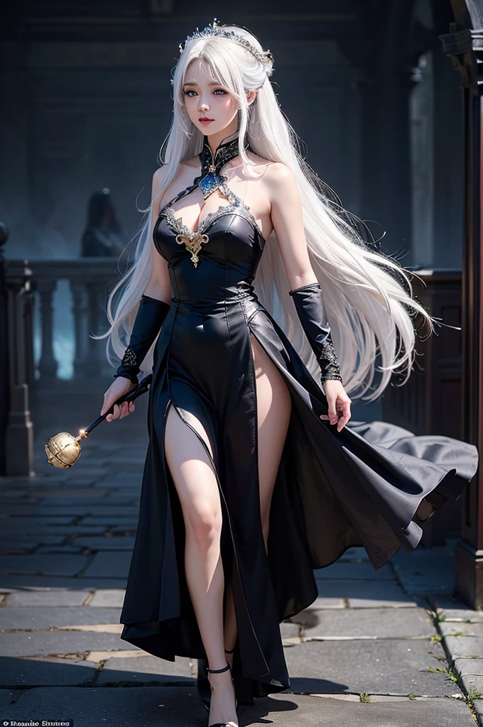 ((masterpiece:1.5,Highest quality,Highly detailed images,Beautiful images、Realistic、Photorealistic、2.5D))(1girl, 独奏)(medium breasts, white hair, black eyes, Healthy legs、Tight ass、Beautiful cleavage)(Fantasy dresses、Fantasy Clothes、Battle Dress from Another World、Deep slit)(wind, floating hair)(Inside the castle、Audience Chamber)