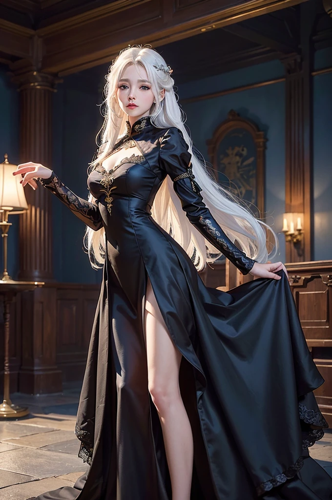 ((masterpiece:1.5,Highest quality,Highly detailed images,Beautiful images、Realistic、Photorealistic、2.5D))(1girl, 独奏)(medium breasts, white hair, black eyes, Healthy legs、Tight ass、Beautiful cleavage)(Fantasy dresses、Fantasy Clothes、Battle Dress from Another World、Deep slit)(wind, floating hair)(Inside the castle、Audience Chamber)