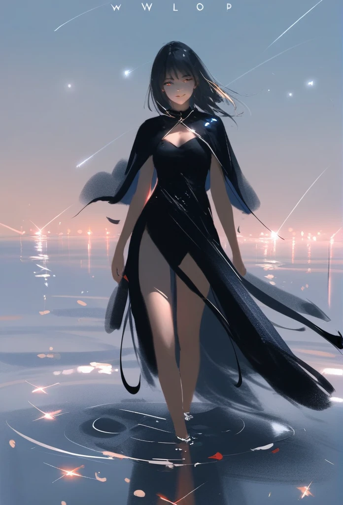 1girl, solo, wlop,
Long Black hair, gradient eyes, black cloak, smile,
Walking on water, shooting stars
masterpiece, best quality,