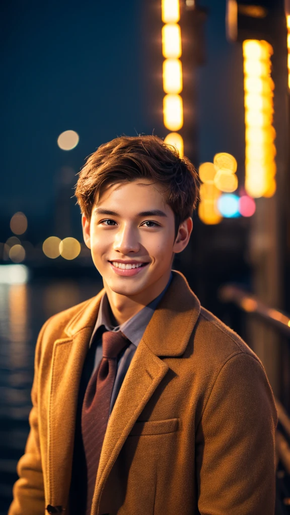 Highest quality, masterpiece, Ultra-high resolution, (Realistic:1.4), RAW Photos, Young and handsome men, Brown Hair, (Night city background:1.2), smile