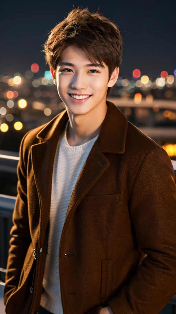 Highest quality, masterpiece, Ultra-high resolution, (Realistic:1.4), RAW Photos, Young and handsome men, Brown Hair, (Night city background:1.2), smile