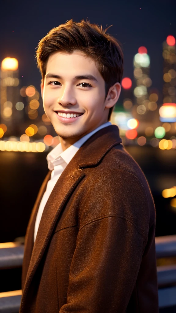 Highest quality, masterpiece, Ultra-high resolution, (Realistic:1.4), RAW Photos, Young and handsome men, Brown Hair, (Night city background:1.2), smile