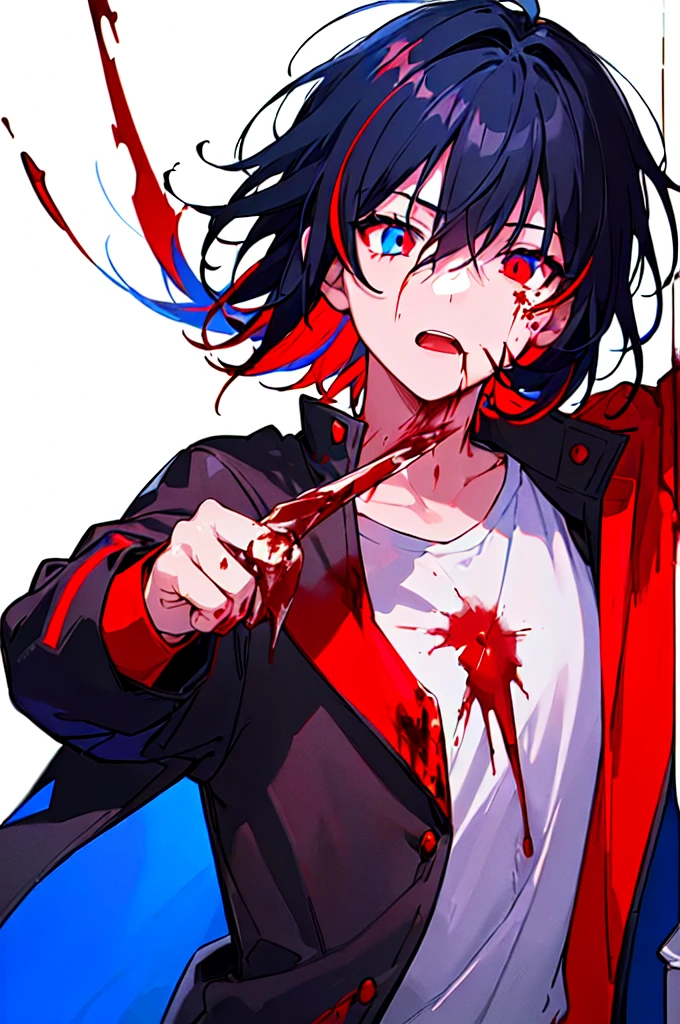 [(WHITE BACKGROUND:1.5),::5], ((((masterpiece)))), high quality, ultra very high resolution, full color, (((solo))), ((little boy)), black hair, ((red streaked hair)), blue eyes, anime, ((upper body)), neon light, black parka, (flame effect:1.2), (blood effect:1.6)