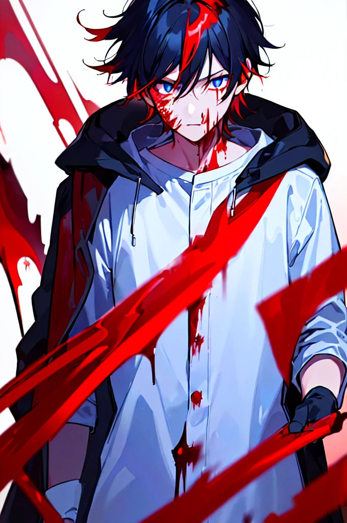 [(WHITE BACKGROUND:1.5),::5], ((((masterpiece)))), high quality, ultra very high resolution, full color, (((solo))), (()), black hair, ((red streaked hair)), blue eyes, anime, ((upper body)), neon light, black parka, (flame effect:1.2), (blood effect:1.6)