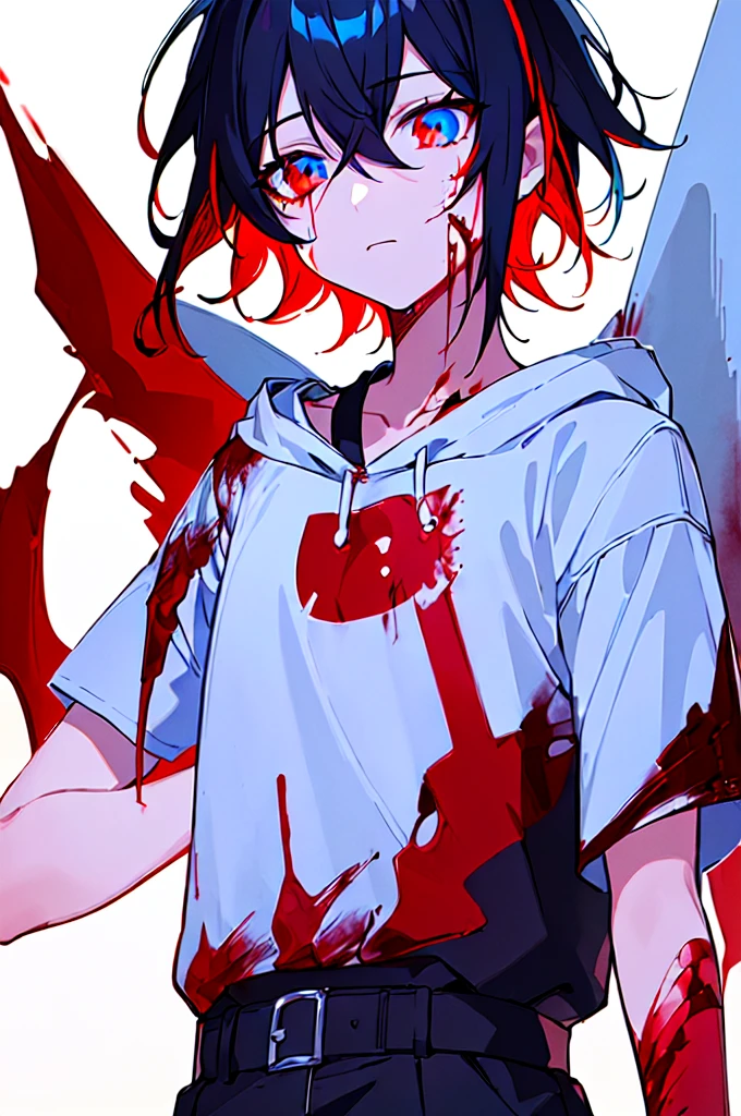 [(WHITE BACKGROUND:1.5),::5], ((((masterpiece)))), high quality, ultra very high resolution, full color, (((solo))), (()), black hair, ((red streaked hair)), blue eyes, anime, ((upper body)), neon light, black parka, (flame effect:1.2), (blood effect:1.6)