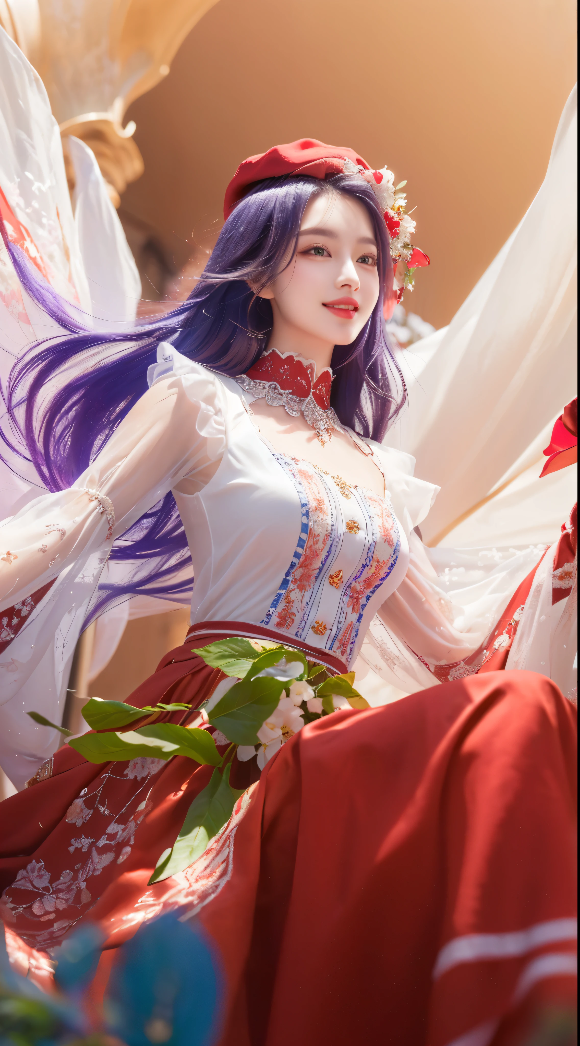 A woman in a red and white dress, red hat, beautiful detailed eyes, beautiful detailed lips, extremely detailed face, smile, long eyelashes, elegant pose, standing in a lush garden, vibrant colors, cinematic lighting, highly detailed, 4k, photorealistic, masterpiece