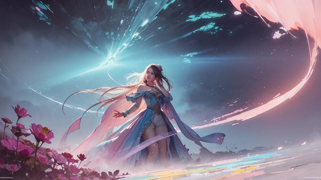 32k, Masterpiece, Highest quality, One girl, Detailed eyes, flower,Alstroemeria, Pink and light blue style,A dreamy, romantic piece,Pale yellow, Mysterious Leaves,A playful arrangement,Fantasy,High Contrast,Ink strokes,explosion,Exposure, Impression of pink and light blue tones,Abstract,((Watercolours by John Berkey and Jeremy Mann )) Brush strokes,Negative Space, Tyndall effect,