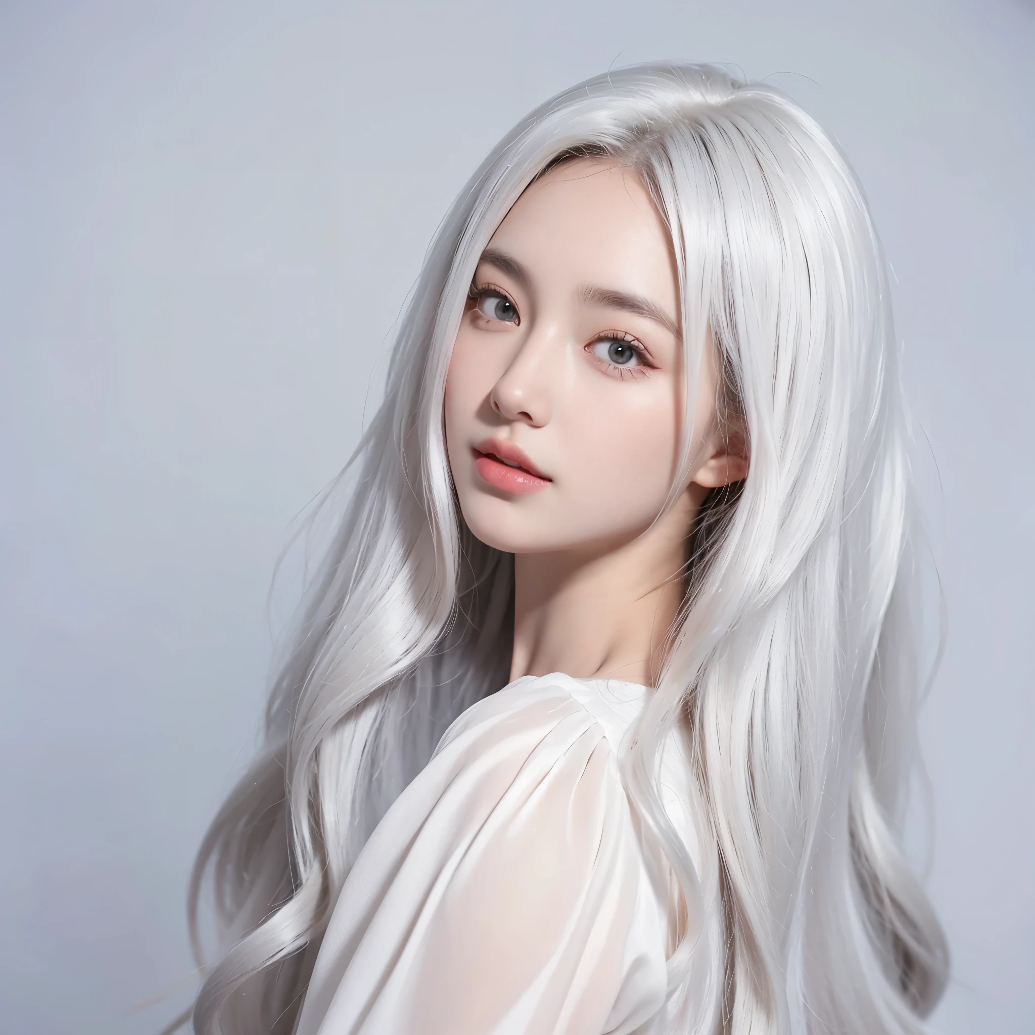 1 woman, White long curly hair,Natural and beautiful hair,The background is simple, clean and beautiful. White hair, selfie. Gamer.