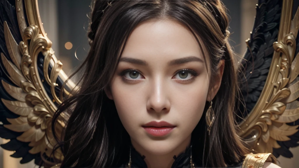 masterpiece,quality,Best quality,official art,(Beauty and aesthetics:1.2),(masterpiece:1.3), (8K, Realistically, RAW photo quality is the best: 1.4), Beautiful face, (Realistic face),Ultra-high resolution, Ultra-realistic photos, The content is very detailed, Golden Ratio, (Energetic:1.3),(saturation:1.3),Unreal Engine, (High Detail: 1.9),(woman:1.4),(Sexy body),Mature woman,Black wings background of future city,Medium portrait,drama,(magic),(middle Ages:1.8)