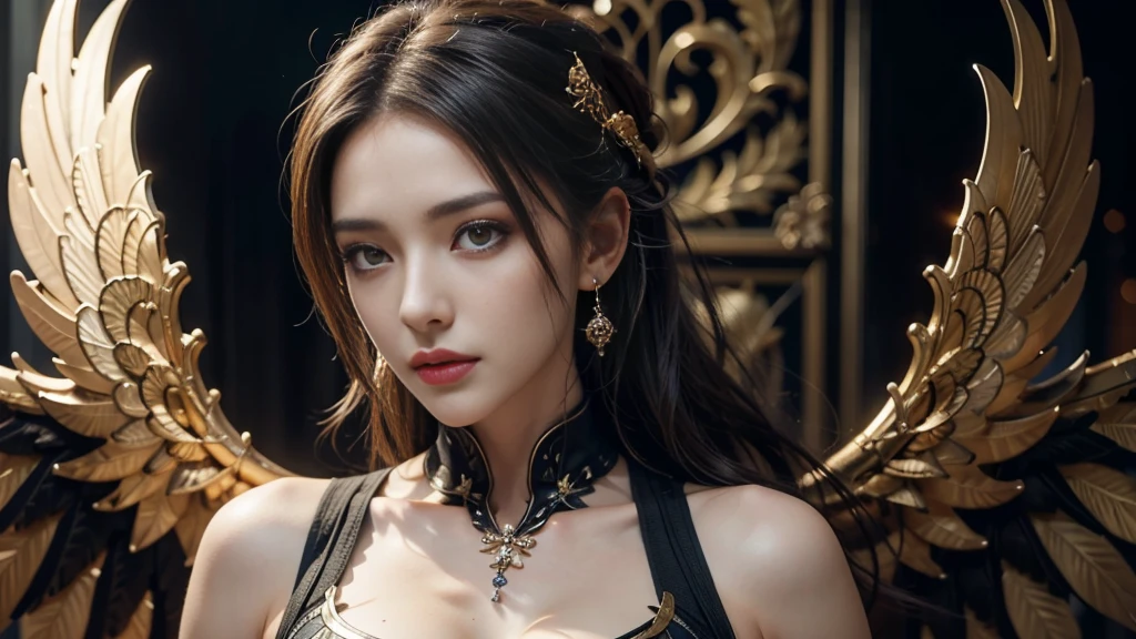 masterpiece,quality,Best quality,official art,(Beauty and aesthetics:1.2),(masterpiece:1.3), (8K, Realistically, RAW photo quality is the best: 1.4), Beautiful face, (Realistic face),Ultra-high resolution, Ultra-realistic photos, The content is very detailed, Golden Ratio, (Energetic:1.3),(saturation:1.3),Unreal Engine, (High Detail: 1.9),(woman:1.4),(Sexy body),Mature woman,Black wings background of future city,Medium portrait,drama,(magic),(middle Ages:1.8)