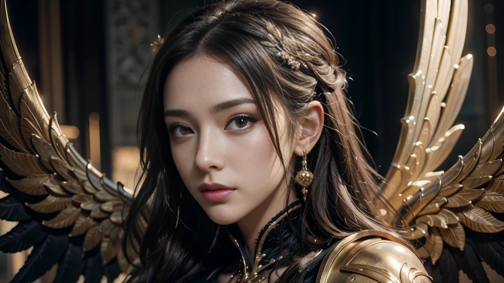 masterpiece,quality,Best quality,official art,(Beauty and aesthetics:1.2),(masterpiece:1.3), (8K, Realistically, RAW photo quality is the best: 1.4), Beautiful face, (Realistic face),Ultra-high resolution, Ultra-realistic photos, The content is very detailed, Golden Ratio, (Energetic:1.3),(saturation:1.3),Unreal Engine, (High Detail: 1.9),(woman:1.4),(Sexy body),Mature woman,Black wings background of future city,Medium portrait,drama,(magic),(middle Ages:1.8)