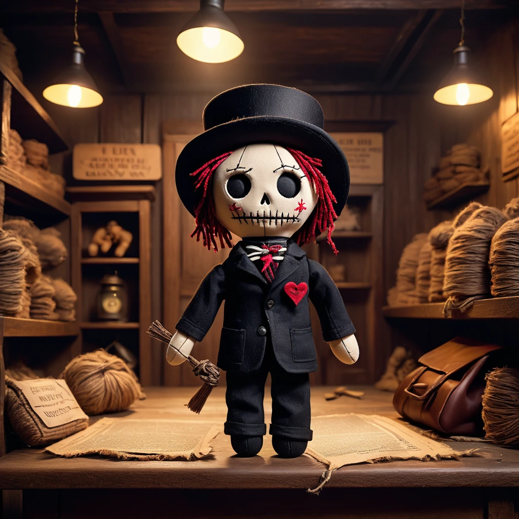 (Knitted toy Voodoo doll: 1.6), (Voodoo Gothic rich: 1.3), (Clothing classic suit with Gothic elements and lace cuffs: 1.0), (in the hands of a bag with gold coins: 1.9), (against the background of the Bank cell: 1.3), best quality, masterpiece, detailed soft oil painting, detailed background, dramatic cinematic lighting, soft edge lighting, professional, dramatic lighting, hard edge lighting, ultra quality, 4k, masterpiece, best quality, 8k, ultra high definition, high resolution, extremely detailed