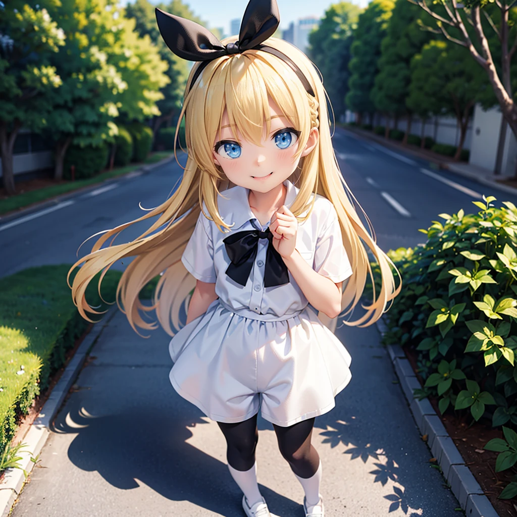 、blonde, Long Hair, blue eyes, Black hair ribbon, Two Bows, Light blue shirt, white shorts, Black leggings, Happy, Hilarious, Day, outside, White shoes, flat, short, Are standing 