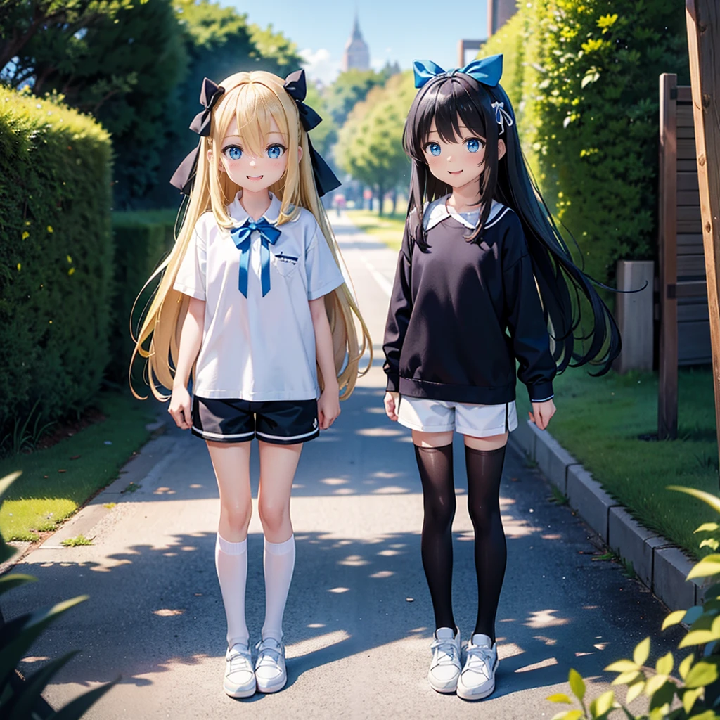 、blonde, Long Hair, blue eyes, Black hair ribbon, Two Bows, Light blue shirt, white shorts, Black leggings, Happy, Hilarious, Day, outside, White shoes, flat, short, Are standing