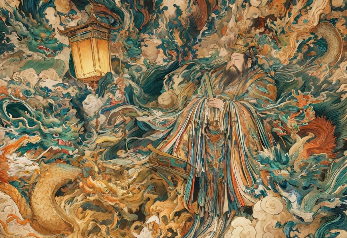 Jade Emperor seated on a magnificent golden throne in the heavenly realm. dressed in ornate imperial robes with intricate golden embroidery and a regal crown adorned with precious jewels. . The Jade Emperor exudes an aura of divine authority and wisdom as he looks down with kind, knowing eyes. A humble young farmer in simple clothing stands respectfully before the throne, looking up in awe. Surround them with floating lanterns, mythical creatures like dragons and phoenixes, and vibrant celestial flora under a soft, golden light, symbolizing the sacred nature of the encounter."