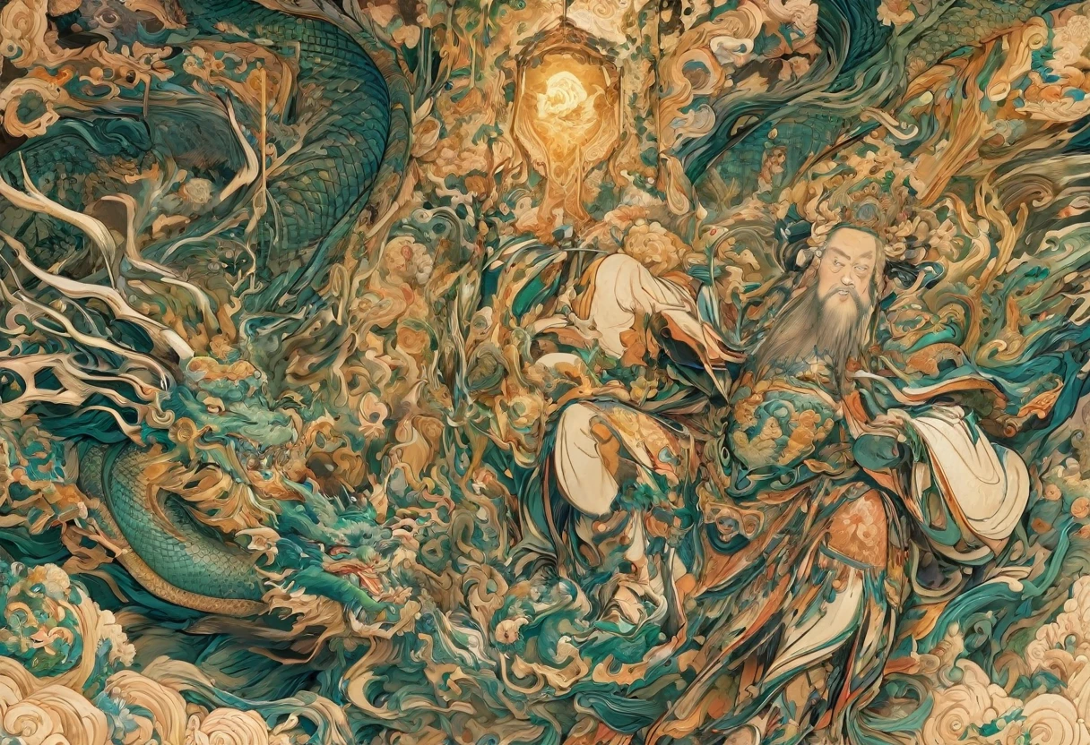 Jade Emperor seated on a magnificent golden throne in the heavenly realm. dressed in ornate imperial robes with intricate golden embroidery and a regal crown adorned with precious jewels. . The Jade Emperor exudes an aura of divine authority and wisdom as he looks down with kind, knowing eyes. A humble young farmer in simple clothing stands respectfully before the throne, looking up in awe. Surround them with floating lanterns, mythical creatures like dragons and phoenixes, and vibrant celestial flora under a soft, golden light, symbolizing the sacred nature of the encounter."