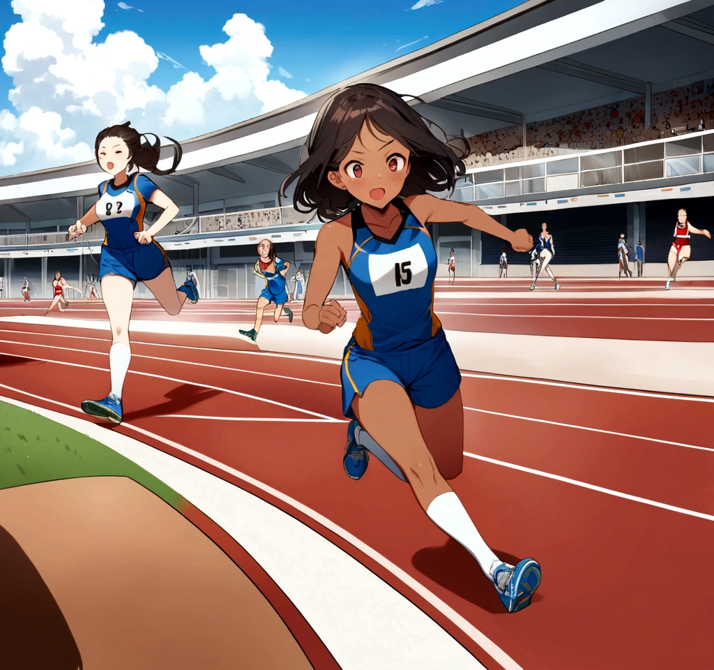 A dark-haired, fair-skinned female athlete is running on the track,A tense race,The following runners also catch up,Midsummer Day,There are cumulonimbus clouds,A scene that radiates the tension and excitement of a high-level competition in the world of athletics,Wearing a competition uniform and bib number,Capture a decisive moment from in front of the goal,White funiform and navy blue shorts,A large audience also watches,