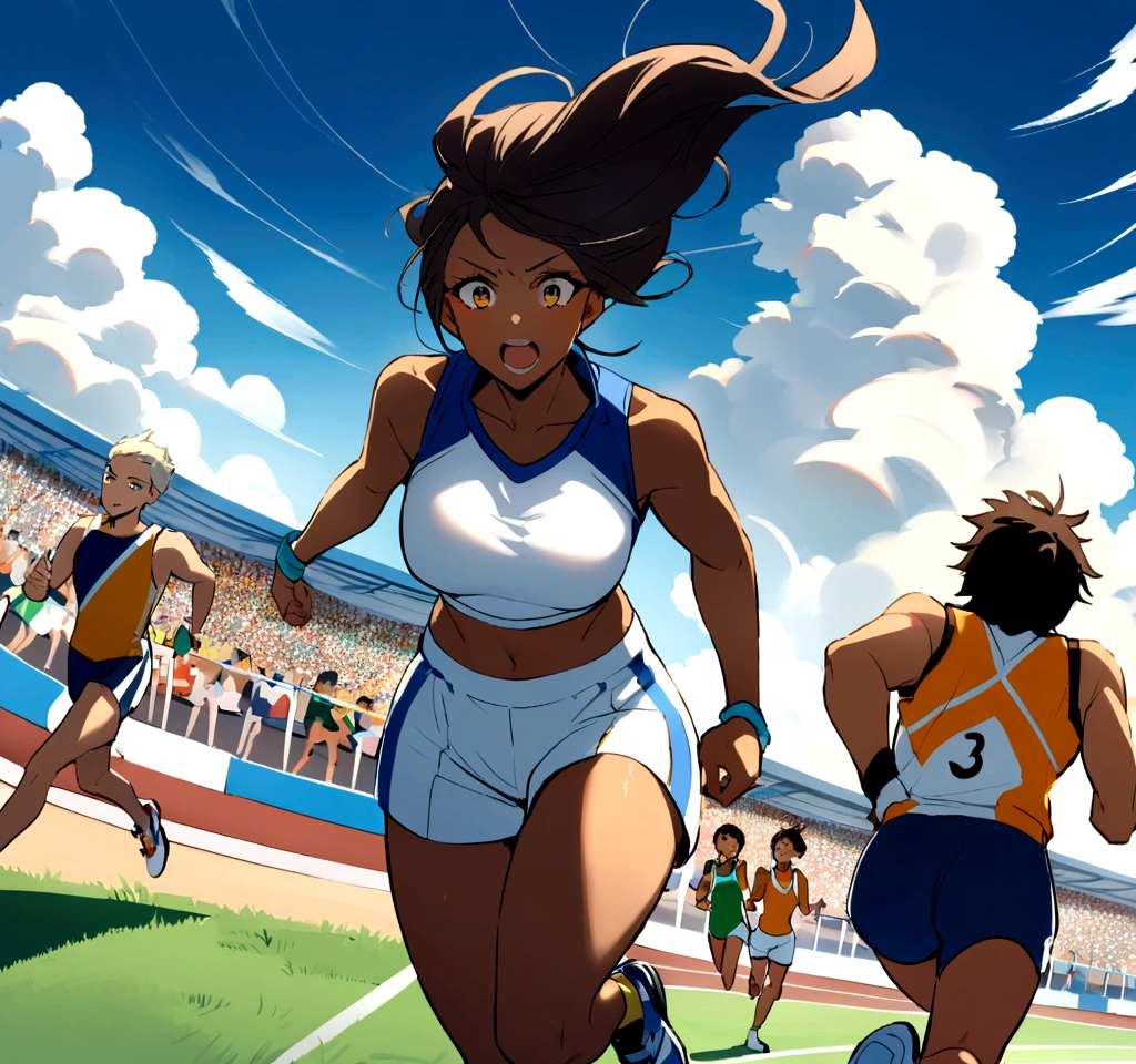 A dark-haired, fair-skinned female athlete is running on the track,A tense race,The following runners also catch up,Midsummer Day,There are cumulonimbus clouds,A scene that radiates the tension and excitement of a high-level competition in the world of athletics,Wearing a competition uniform and bib number,Capture a decisive moment from in front of the goal,White funiform and navy blue shorts,A large audience also watches,