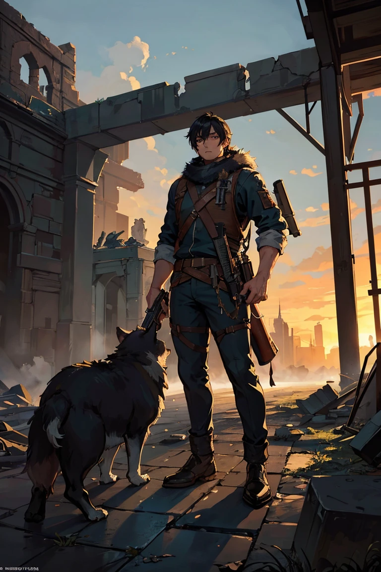 Submersion, ruins, Super high quality, 8K, Man walking with wolves, ((Man carrying a rifle)), crossed arms, The big wolf is beside him, big wolf,Black Hair, youth