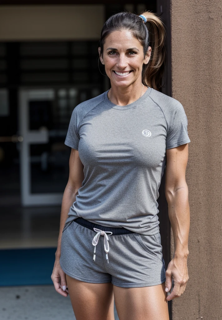 Beautiful brunette mother, 38 years old, athletic, tanned legs, wearing gym shorts and a t-shirt.  Standing outside a school. 4k. natural light. Detailed face, Wrinkles around the eyes. Ponytail.