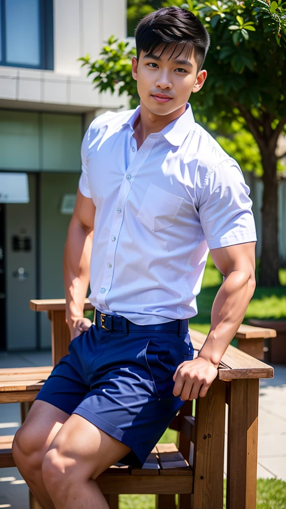 Masterpiece, best quality, High quality, วอลล์เปเปอร์ CG unity 8k ที่มีvery detailed, depth of field, HDR,,photorealistic,very detailed, 1 man sitting on a chair, Asia, black short hair, , (Thai , white shirt), blue cargo shorts, chest muscles, Big arm muscles, blood vessel, big muscles, Broad shoulders, looking at the audience, Balancing the eyes, (Make eye contact) (outside the building:1.3)