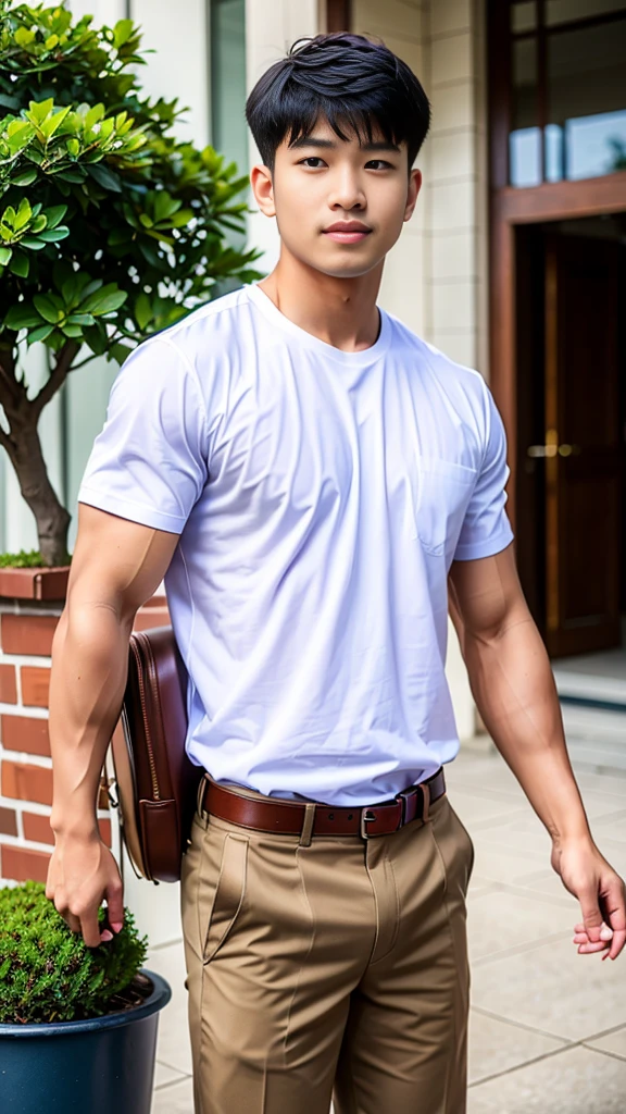 Masterpiece, best quality, High quality, วอลล์เปเปอร์ CG unity 8k ที่มีvery detailed, depth of field, HDR,,photorealistic,very detailed, 1 man sitting on a chair, Asia, black short hair, , (Thai , white shirt), blue cargo shorts, chest muscles, Big arm muscles, blood vessel, big muscles, Broad shoulders, looking at the audience, Balancing the eyes, (Make eye contact) (outside the building:1.3)