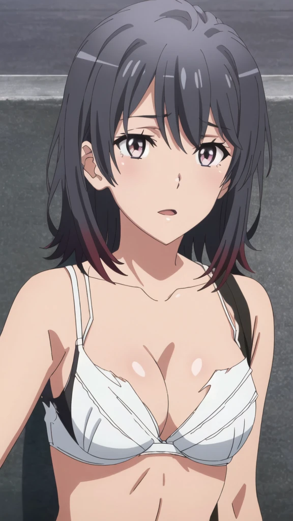 {Yukinoshita_Haruno_yahariorenoseishunlovecomewamachigatteiru:1.15},black hair, pink_eyes, , 1 girl,,alone, hair between eyes,(torn clothes,White , white :1.5),,  shoulders,, ,thighhighs,short hair, ((:1.5)) , beautiful light, half eye closed, close up face,　　　　　　　　　　　　　　　　　　　　　　　　　　　　　　　　　　　　　　　　　　　　　　　　　　　　　　　　　　beautiful upper body, Beautiful body, beautiful character design, perfect eyes, Perfect face, expressive eyes, looking at the viewer,(lie on road),in the center of the image, official art,High Definition CG Unity, Perfect lit, bright_front_face_lit, ,(Highest_quality:1.0),4K,Super detailed, photograph, 8K, nffsw, High resolution, absurdes:1.2, kodak portrait 400, film grain, Lens flare, (lively_Farbe:1.2) (beautiful,:1.4), (beautiful_face:1.3),(narrow_waist),blush, ((detail )),, 