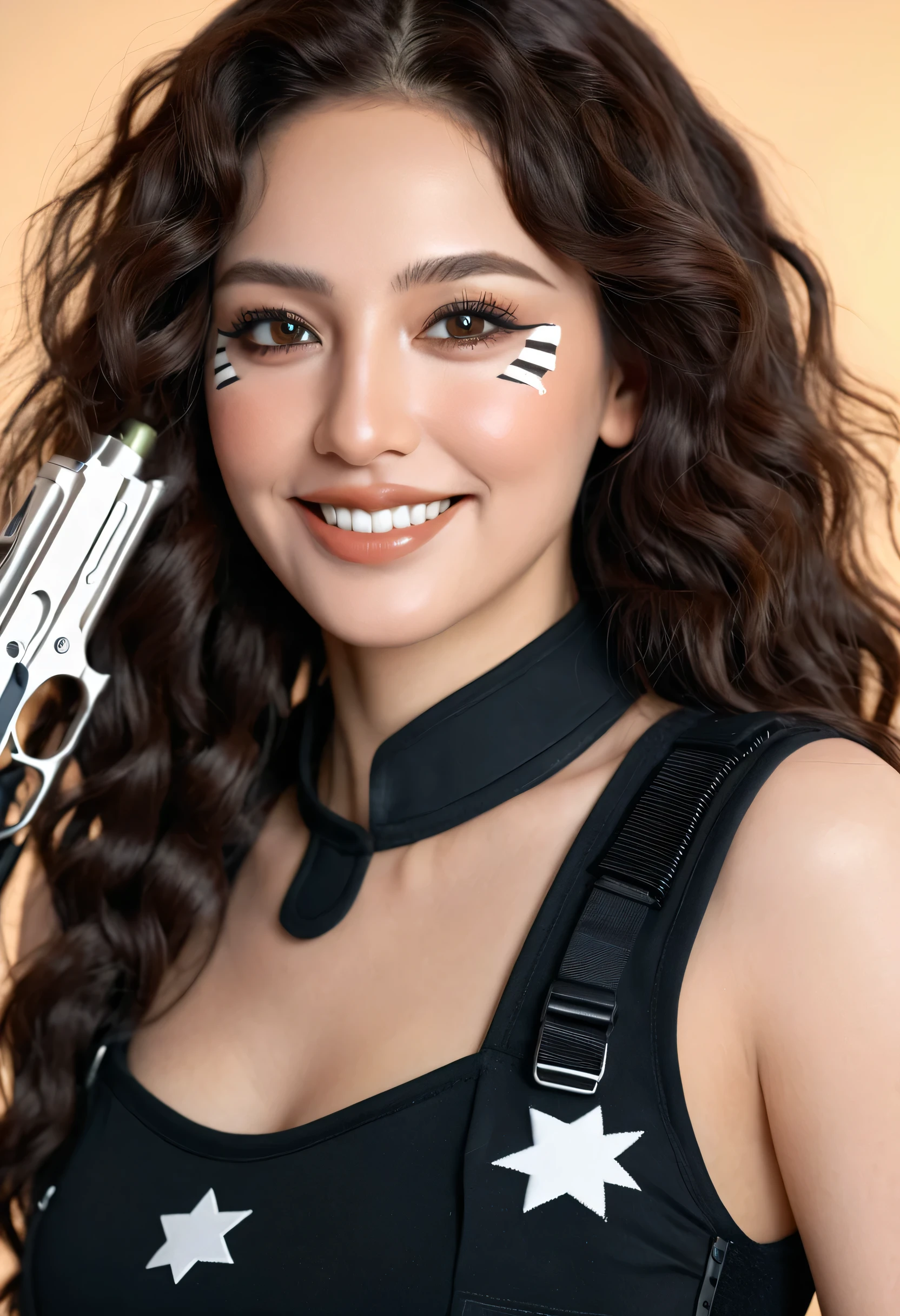 High quality hyperrealistic female image.  The woman is of Native American and Jewish descent.  strong features, White skin.  Dark Brown Curly Hair, black eyes.  The woman is dressed in a semi-futuristic combat suit.  She was carrying a gun and a knife..  The beauty smiled.  Her eyes are full of.
